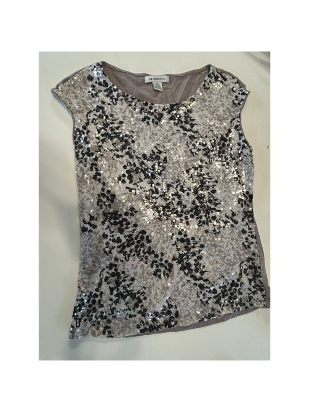 Liz Claiborne Sequin Top Womens Medium Grey Silver Animal Print Blouse